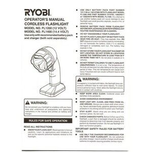 Ryobi Operator Manual for Cordless Flashlight Models FL1200 (12v) FL1400 (14.4v)
